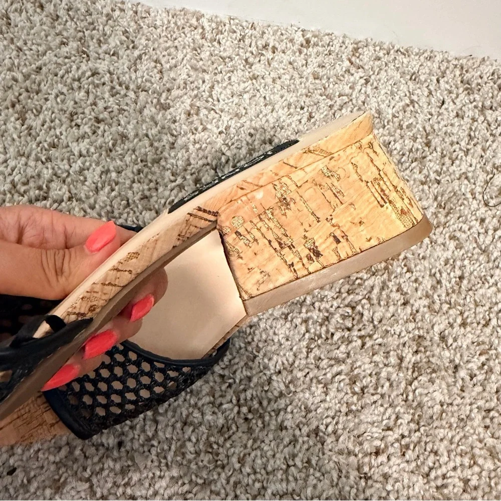 NWOT | Jones New York Black Cork Block Heel Woven Slide Sandals